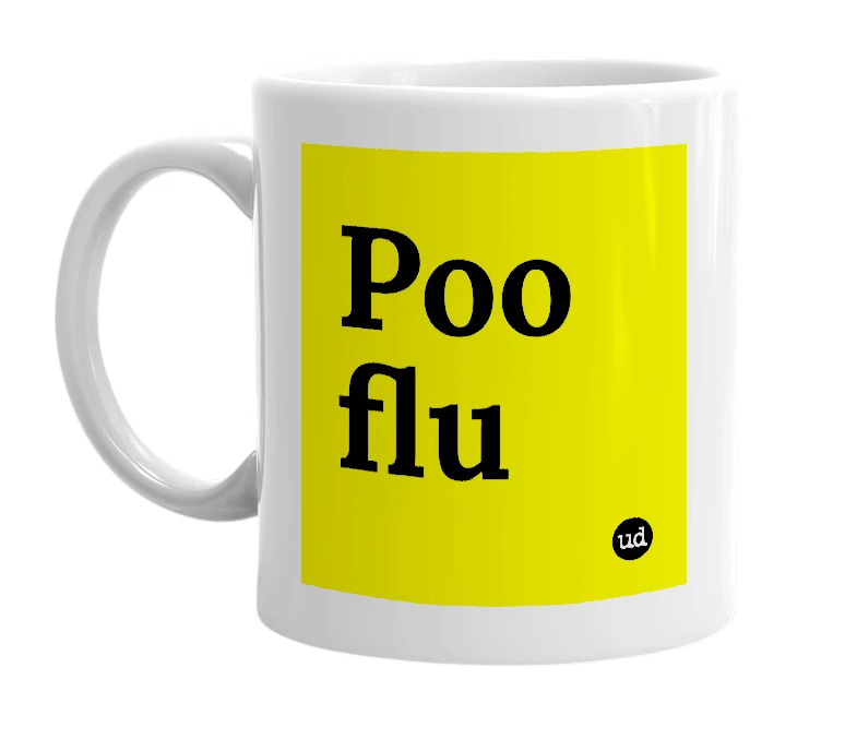 White mug with 'Poo flu' in bold black letters