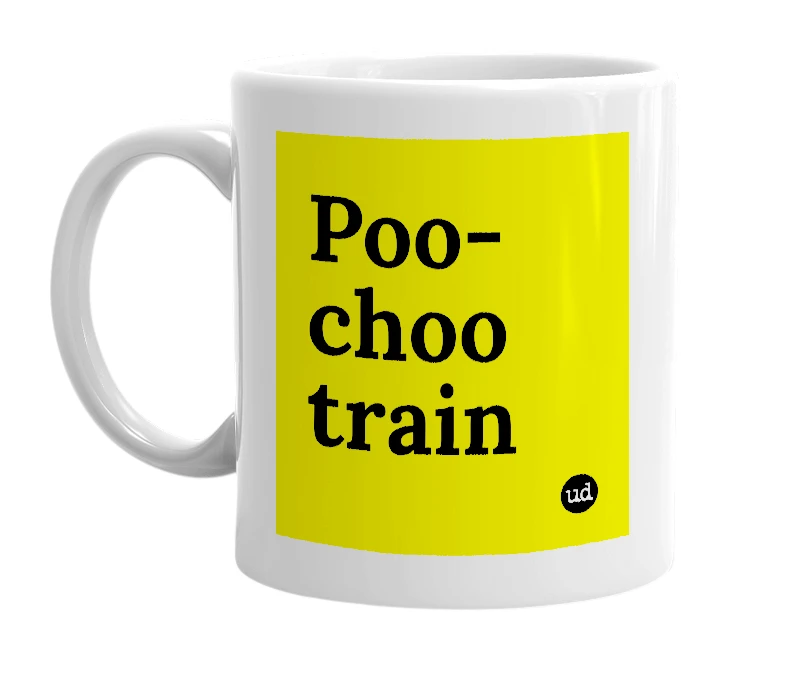 White mug with 'Poo-choo train' in bold black letters