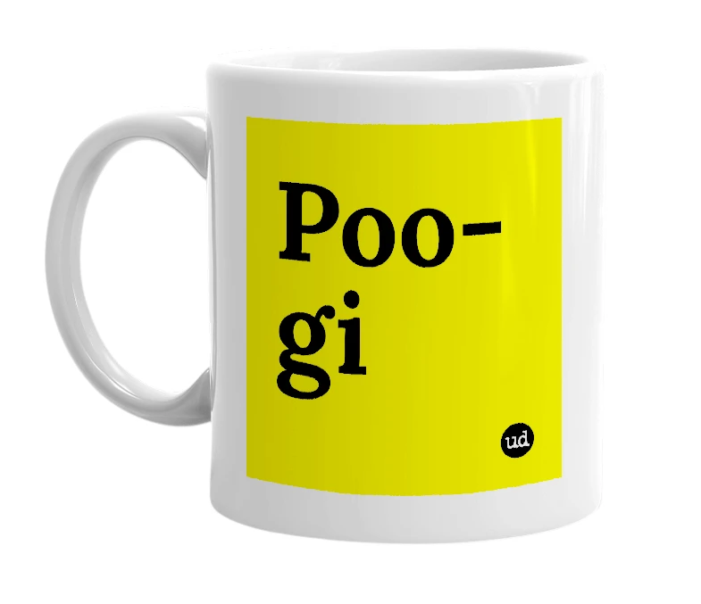 White mug with 'Poo-gi' in bold black letters