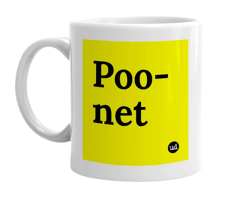 White mug with 'Poo-net' in bold black letters