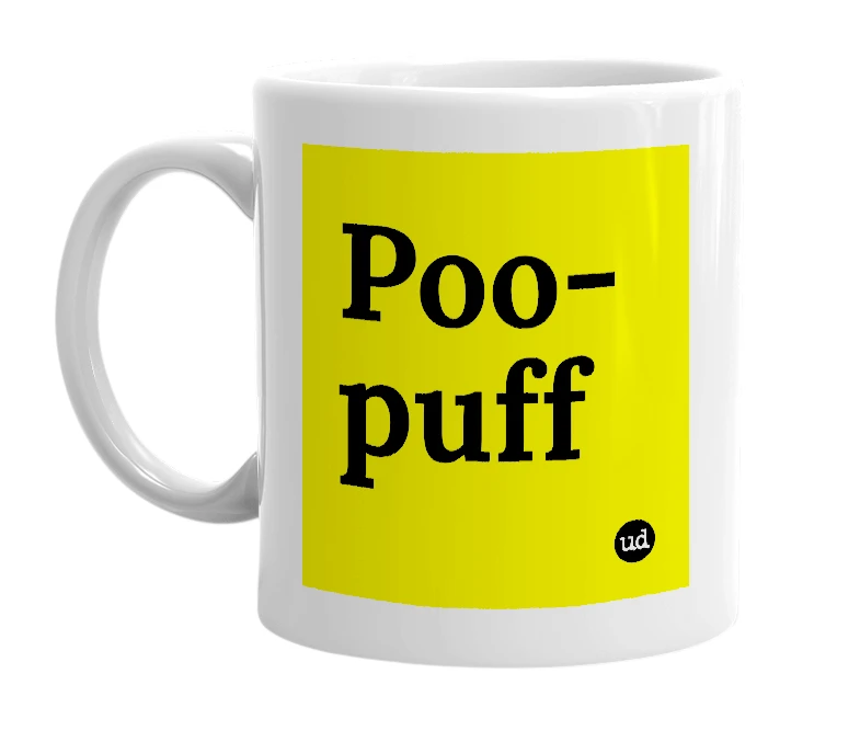 White mug with 'Poo-puff' in bold black letters