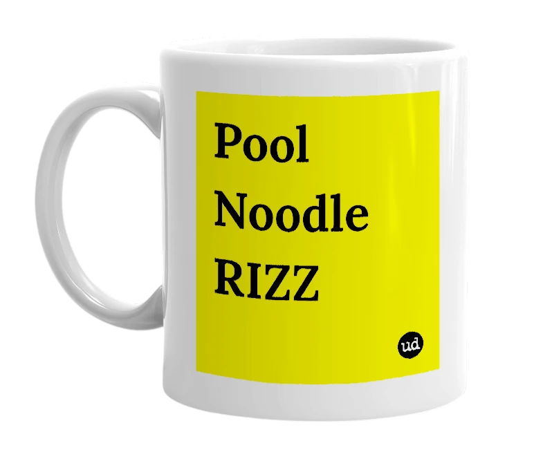 White mug with 'Pool Noodle RIZZ' in bold black letters