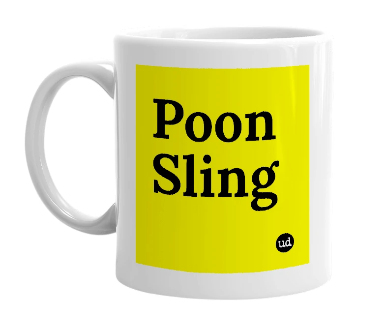 White mug with 'Poon Sling' in bold black letters