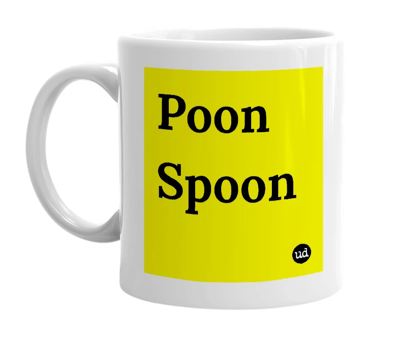 White mug with 'Poon Spoon' in bold black letters