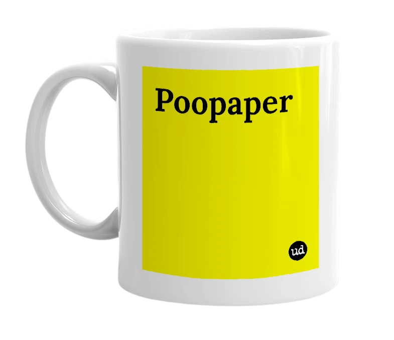 White mug with 'Poopaper' in bold black letters