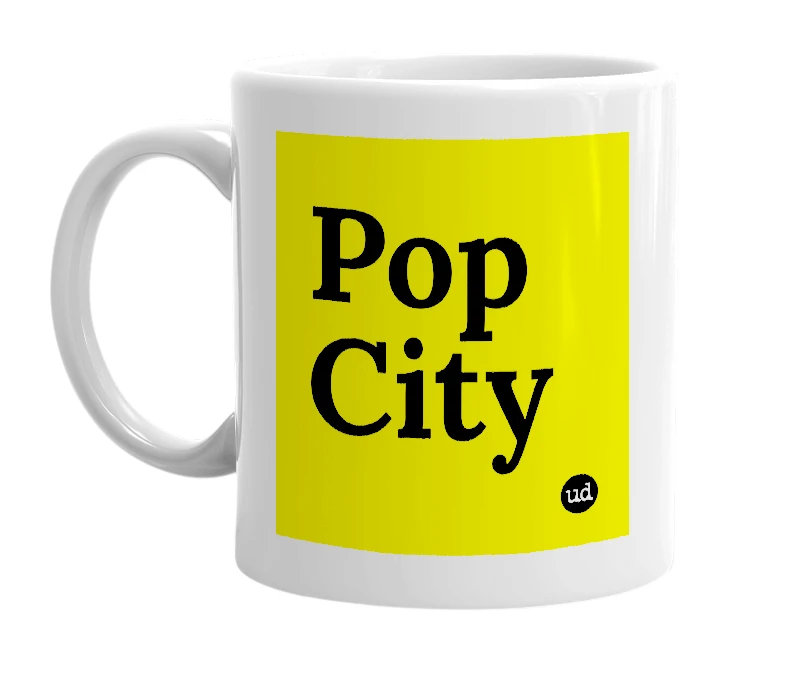 White mug with 'Pop City' in bold black letters