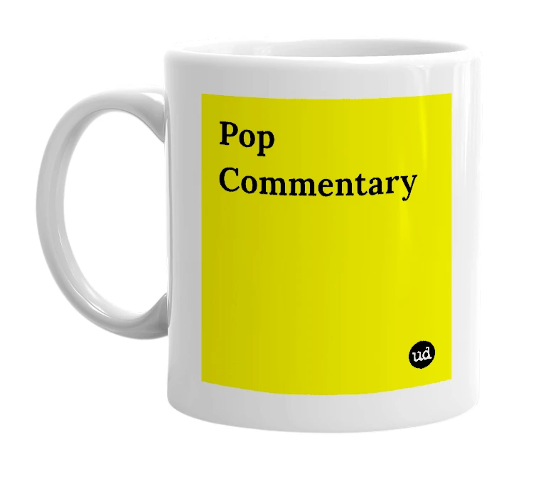 White mug with 'Pop Commentary' in bold black letters
