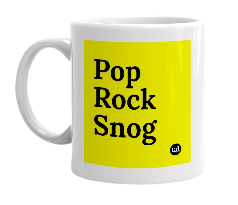 White mug with 'Pop Rock Snog' in bold black letters