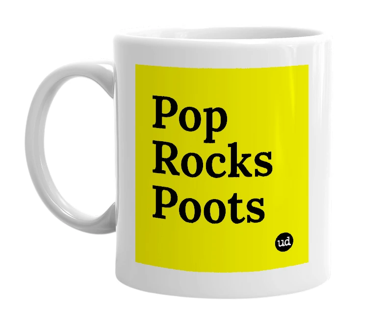 White mug with 'Pop Rocks Poots' in bold black letters