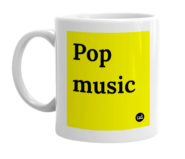White mug with 'Pop music' in bold black letters