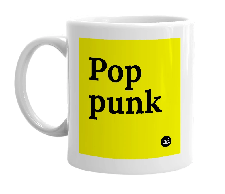 White mug with 'Pop punk' in bold black letters