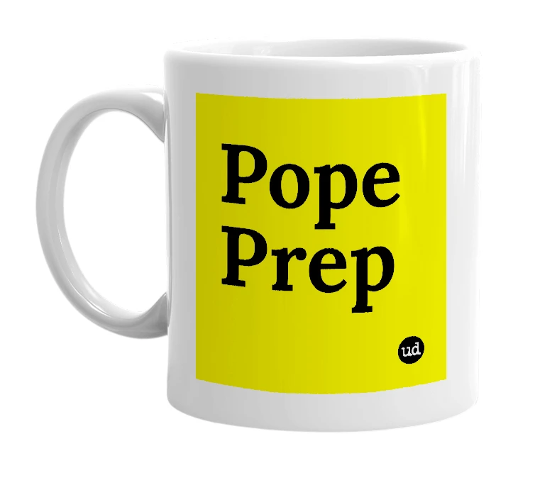 White mug with 'Pope Prep' in bold black letters