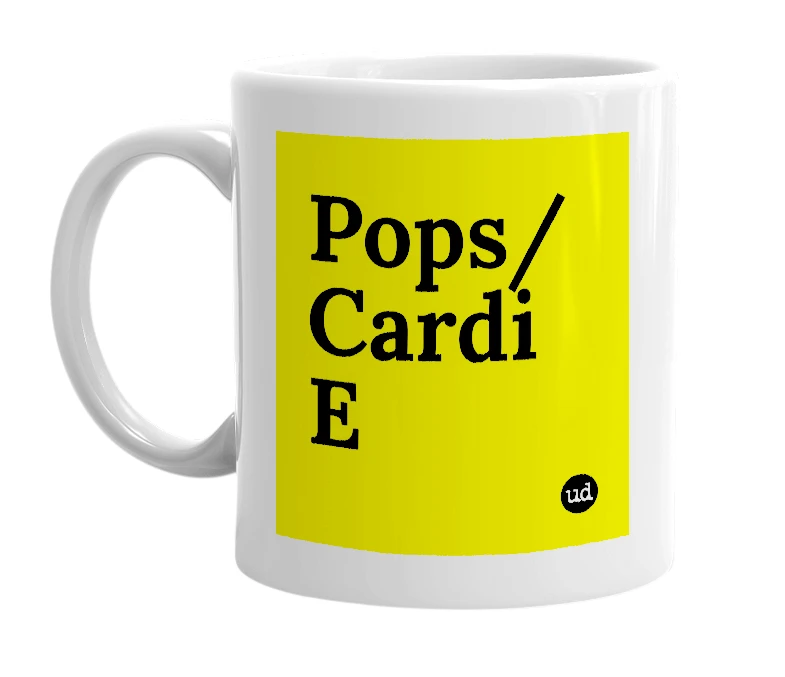 White mug with 'Pops/Cardi E' in bold black letters