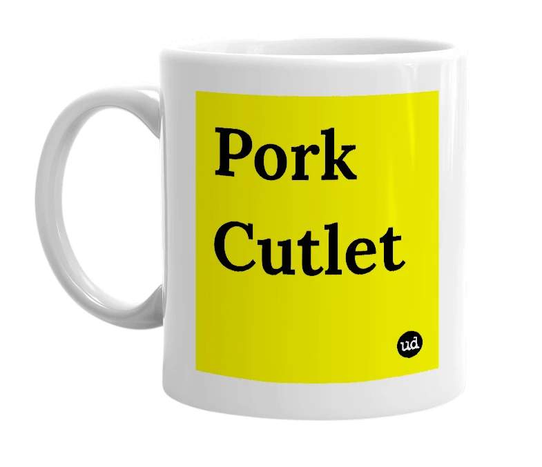 White mug with 'Pork Cutlet' in bold black letters