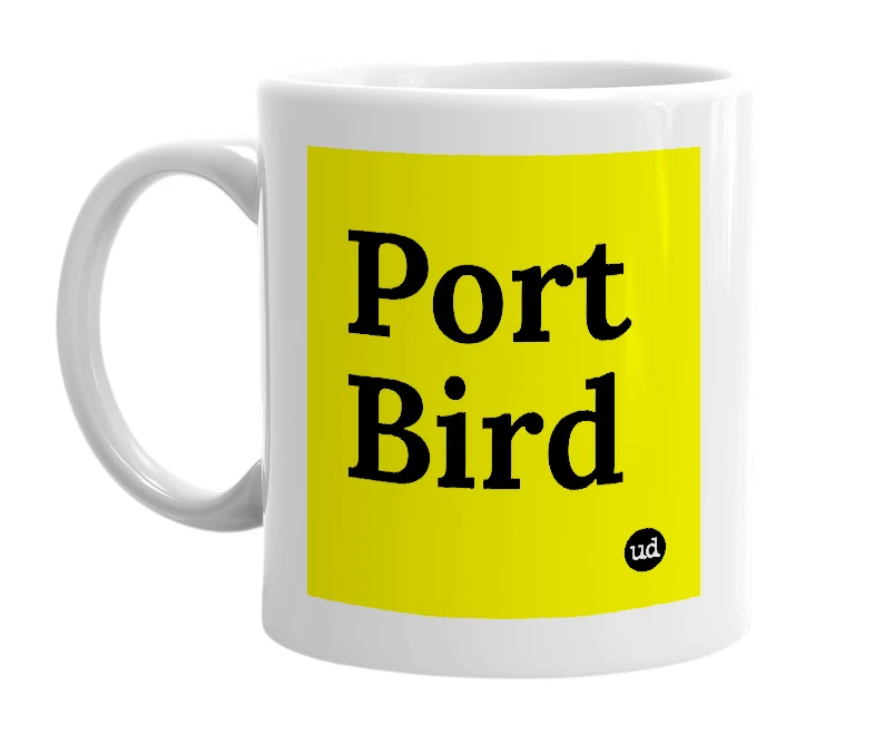 White mug with 'Port Bird' in bold black letters