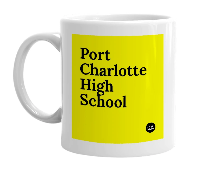 White mug with 'Port Charlotte High School' in bold black letters