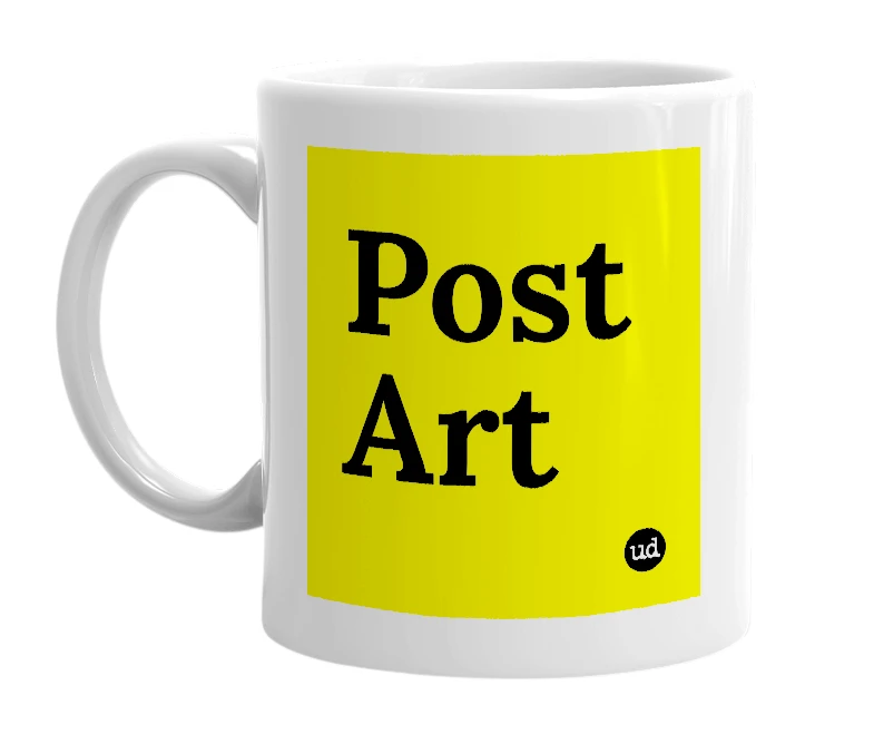 White mug with 'Post Art' in bold black letters