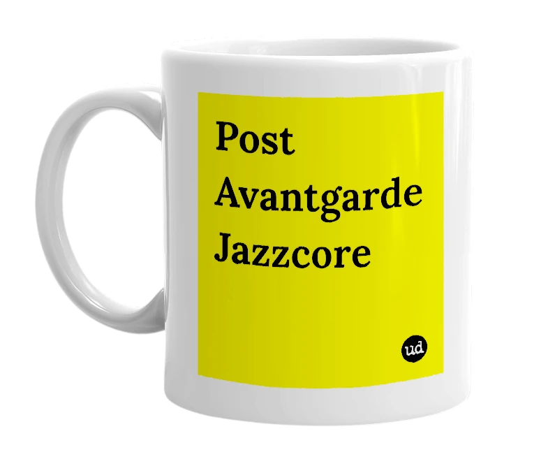 White mug with 'Post Avantgarde Jazzcore' in bold black letters