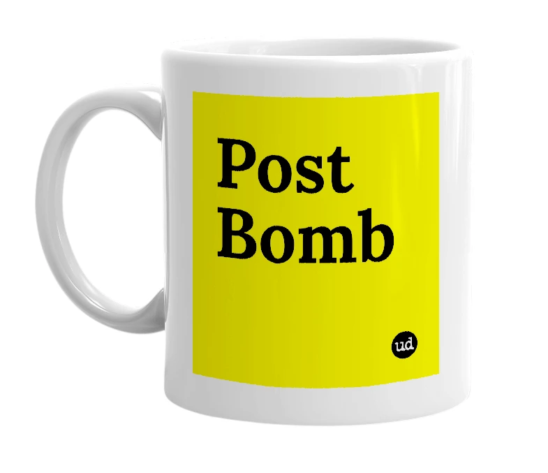 White mug with 'Post Bomb' in bold black letters
