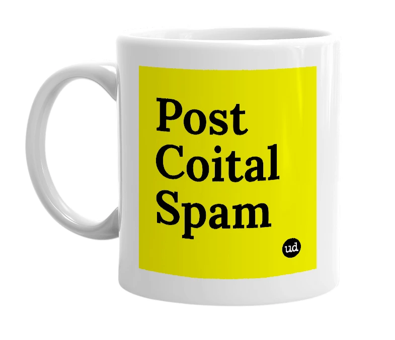 White mug with 'Post Coital Spam' in bold black letters