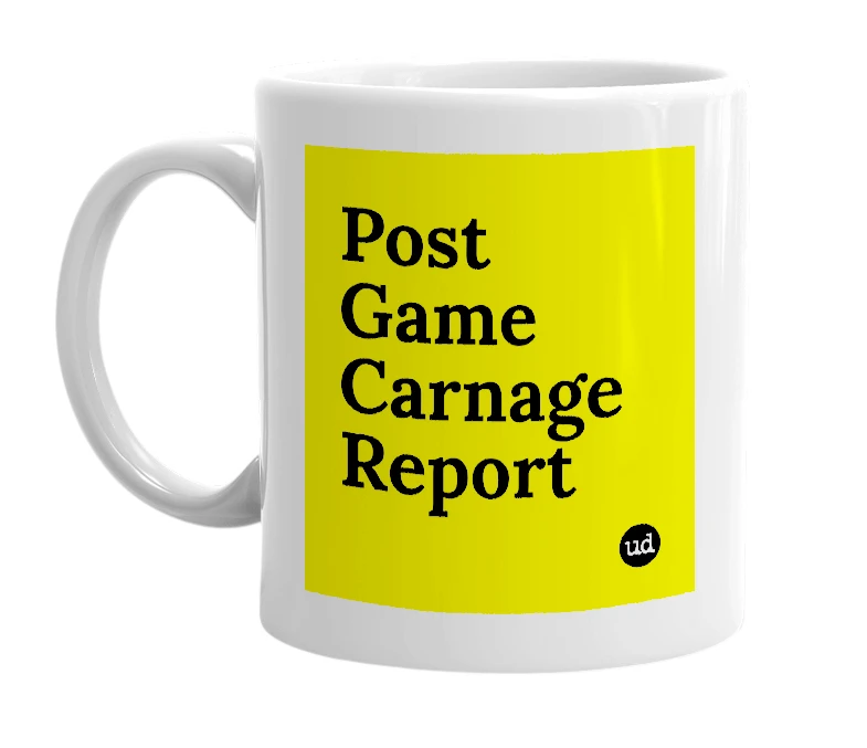 White mug with 'Post Game Carnage Report' in bold black letters