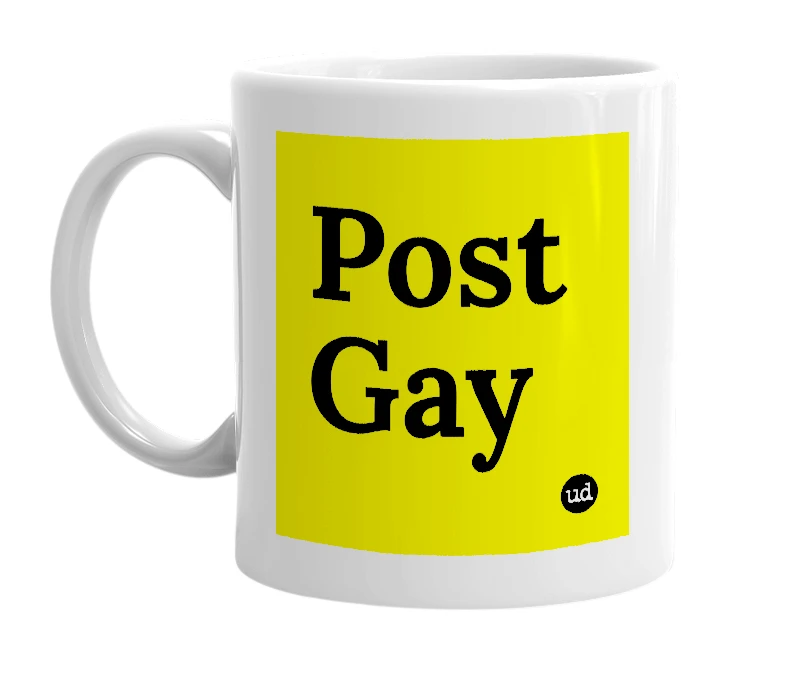 White mug with 'Post Gay' in bold black letters