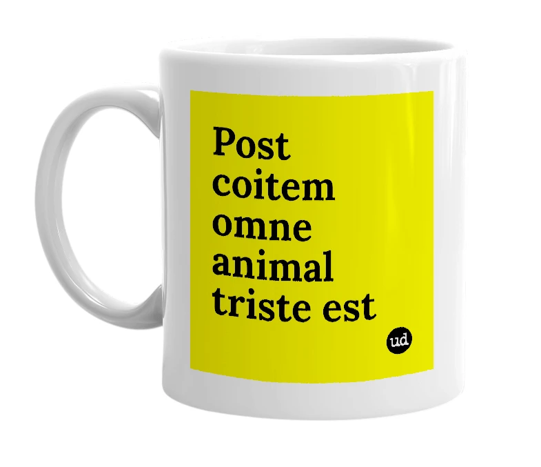 White mug with 'Post coitem omne animal triste est' in bold black letters