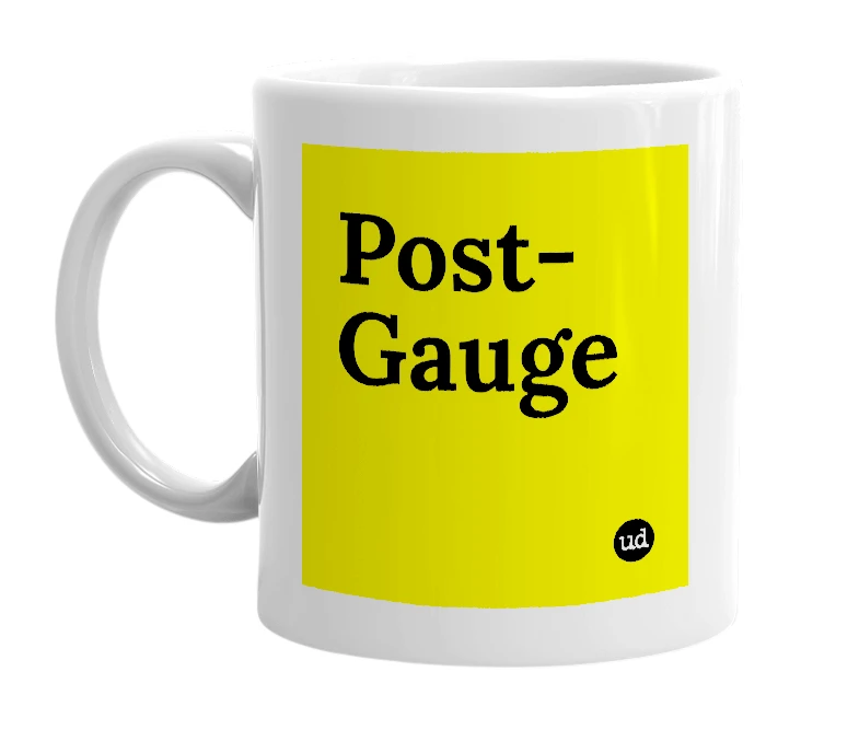 White mug with 'Post-Gauge' in bold black letters
