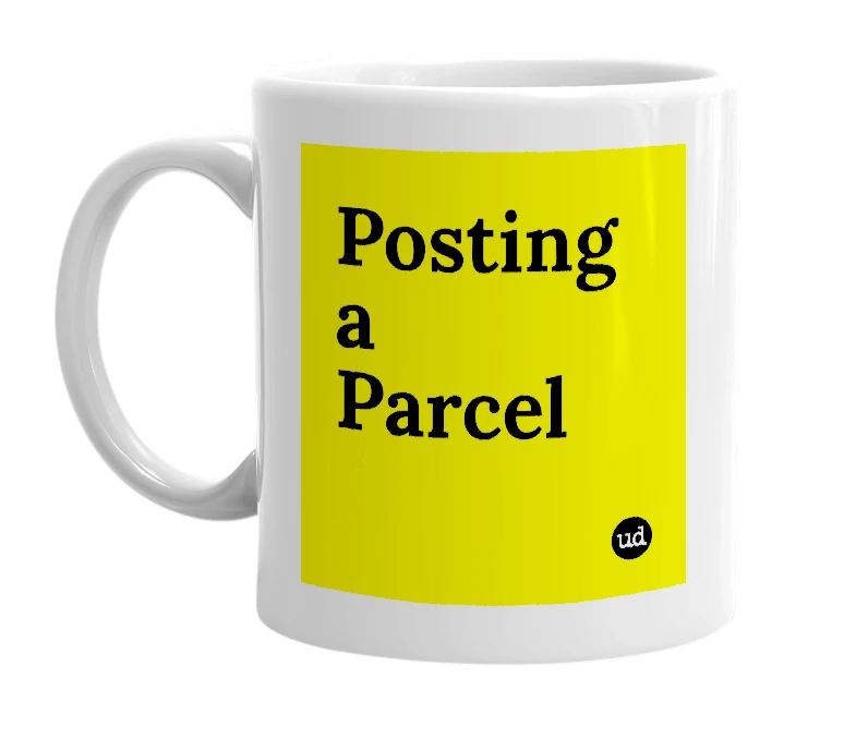 White mug with 'Posting a Parcel' in bold black letters