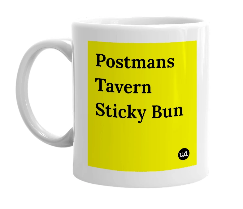 White mug with 'Postmans Tavern Sticky Bun' in bold black letters