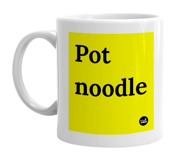White mug with 'Pot noodle' in bold black letters