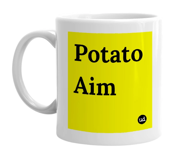 White mug with 'Potato Aim' in bold black letters