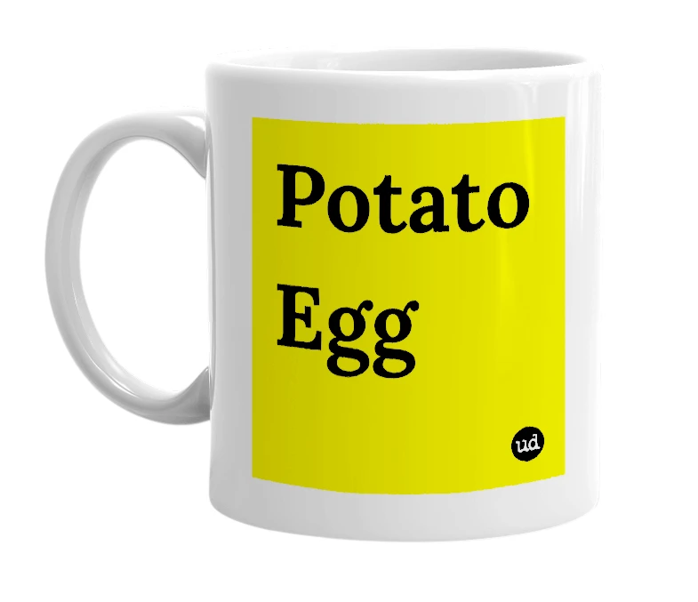 White mug with 'Potato Egg' in bold black letters