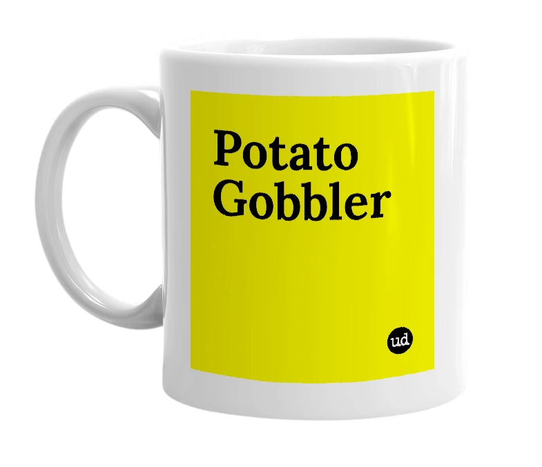 White mug with 'Potato Gobbler' in bold black letters