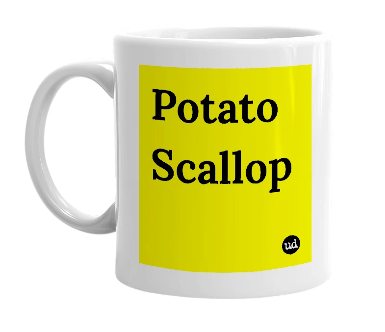 White mug with 'Potato Scallop' in bold black letters