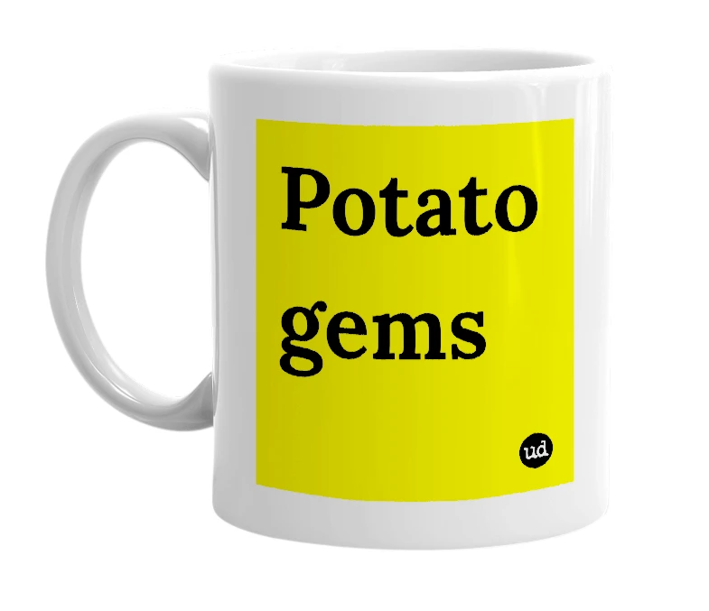White mug with 'Potato gems' in bold black letters