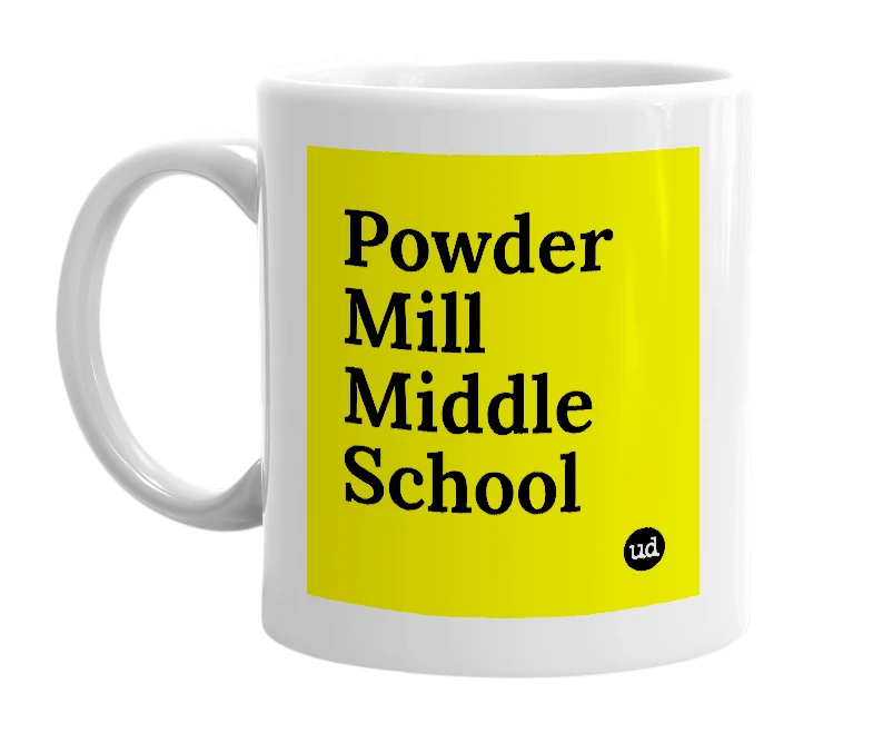 White mug with 'Powder Mill Middle School' in bold black letters