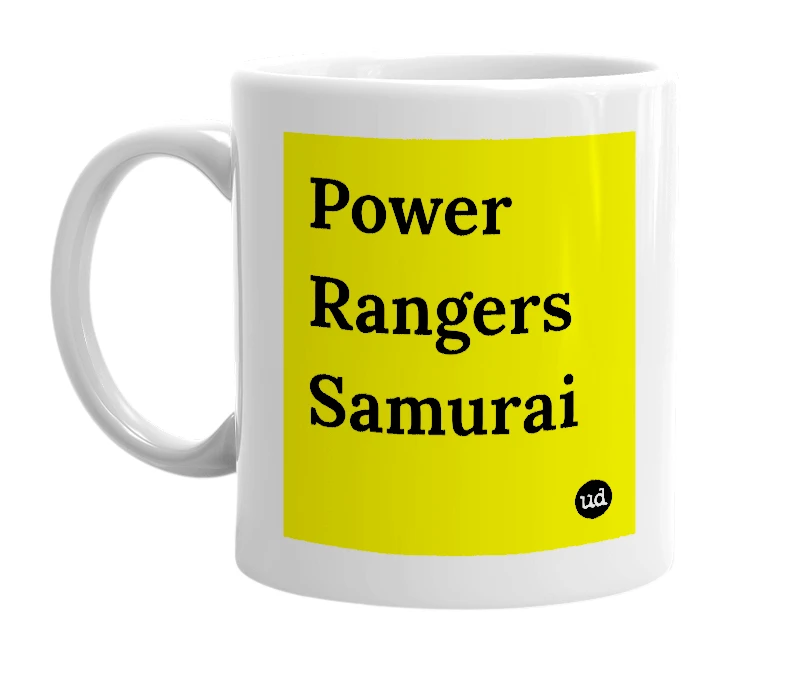 White mug with 'Power Rangers Samurai' in bold black letters