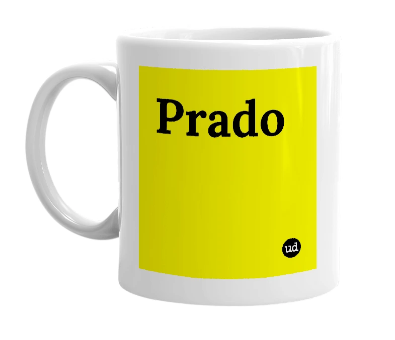 White mug with 'Prado' in bold black letters