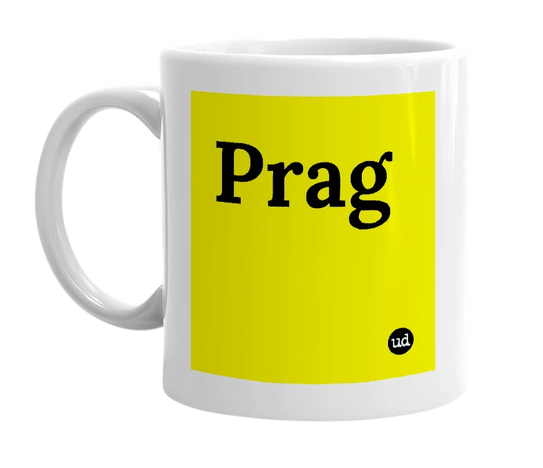 White mug with 'Prag' in bold black letters