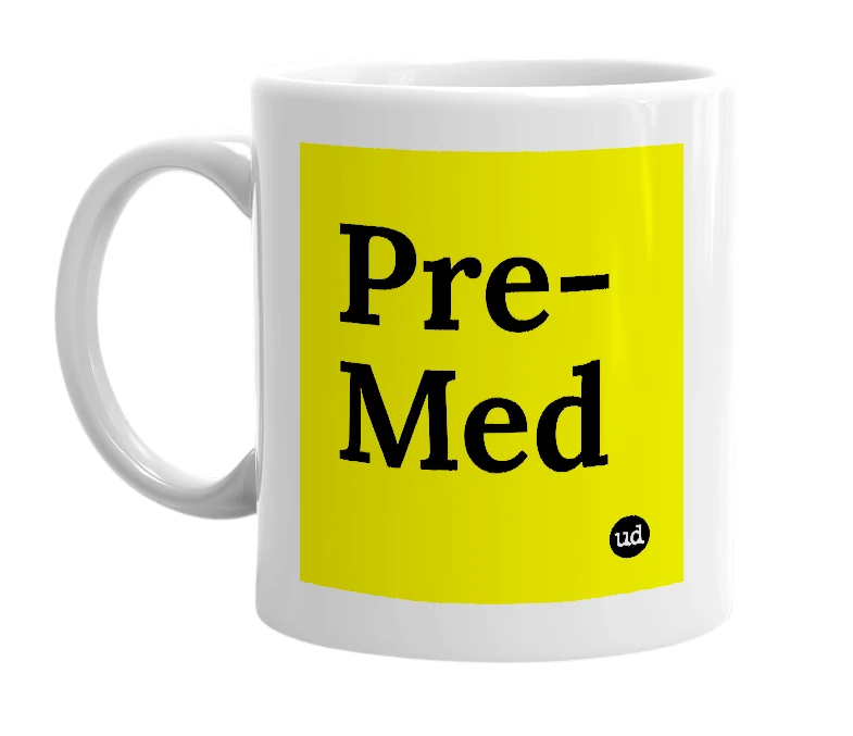 White mug with 'Pre-Med' in bold black letters