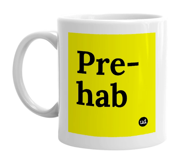 White mug with 'Pre-hab' in bold black letters
