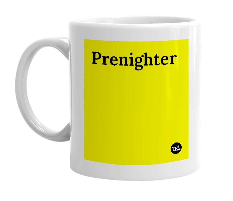 White mug with 'Prenighter' in bold black letters
