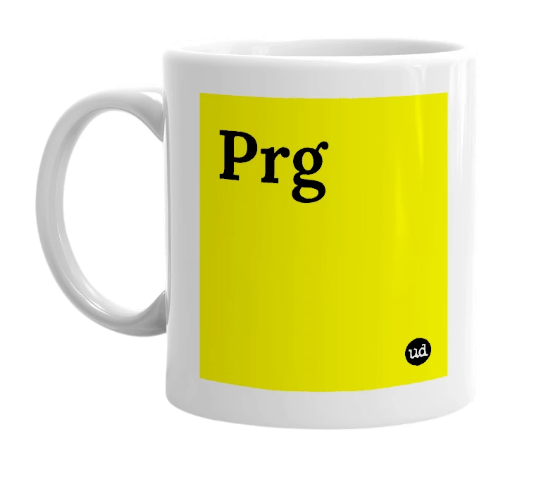 White mug with 'Prg' in bold black letters