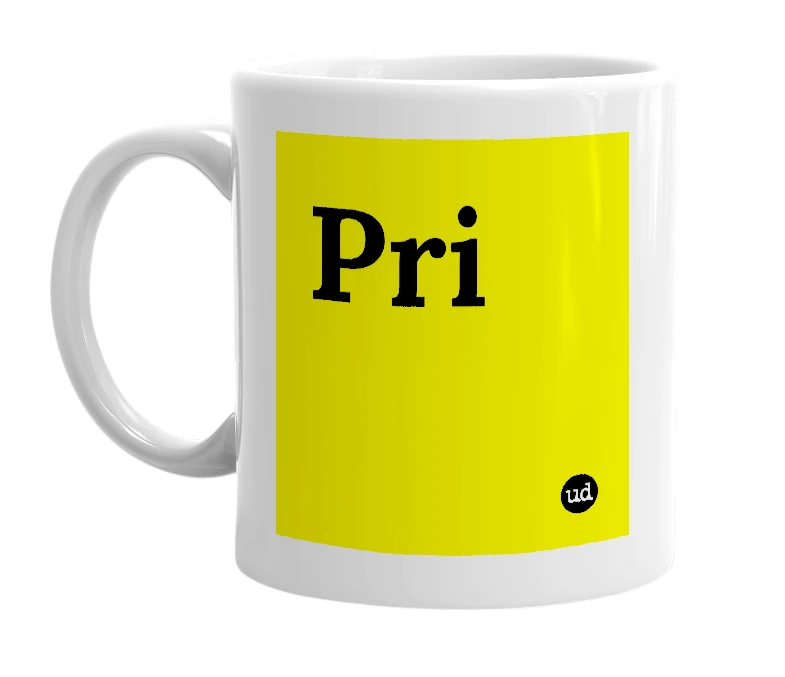 White mug with 'Pri' in bold black letters