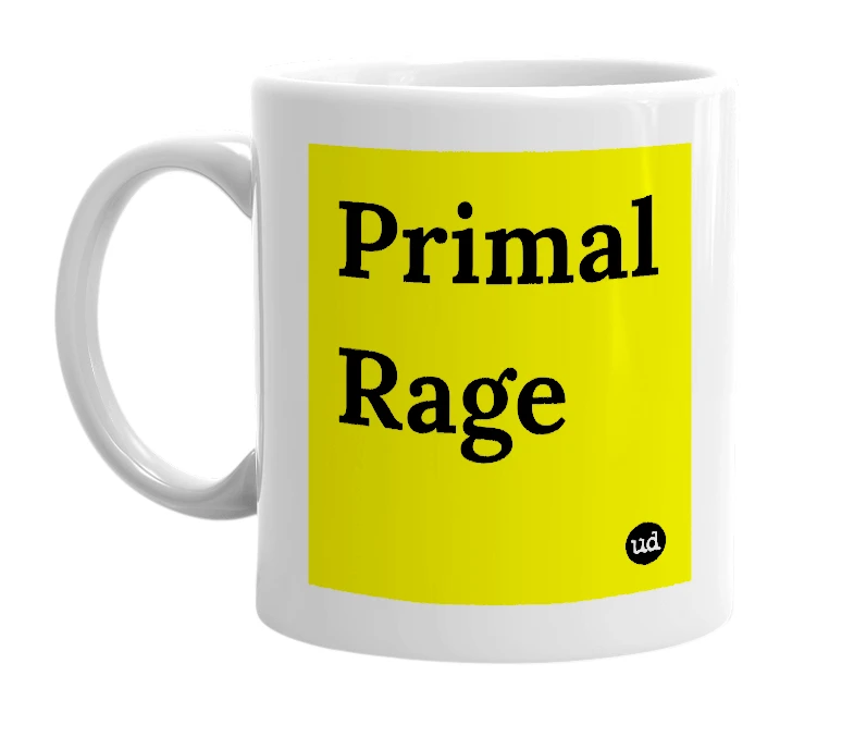 White mug with 'Primal Rage' in bold black letters