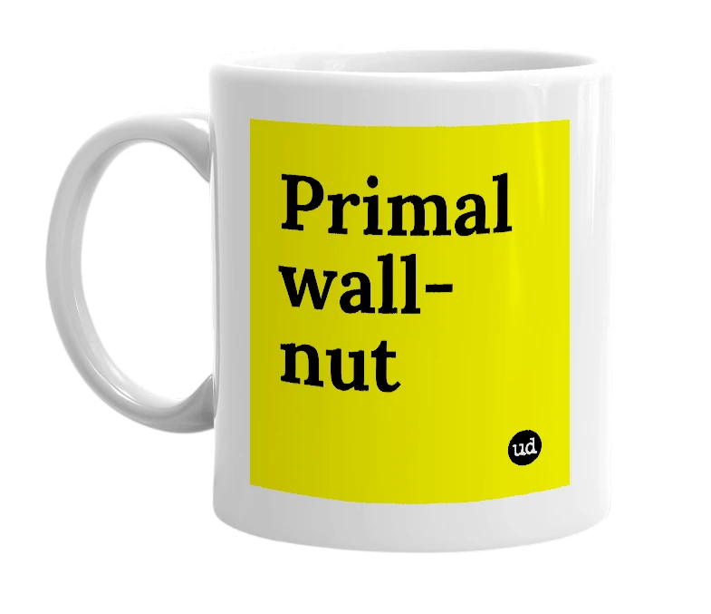 White mug with 'Primal wall-nut' in bold black letters
