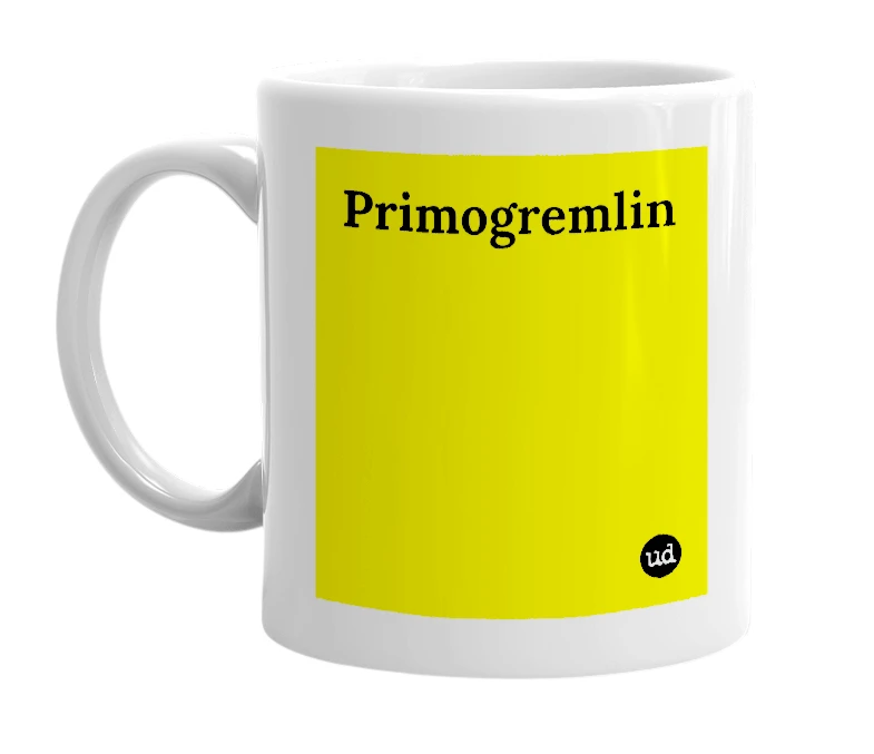 White mug with 'Primogremlin' in bold black letters