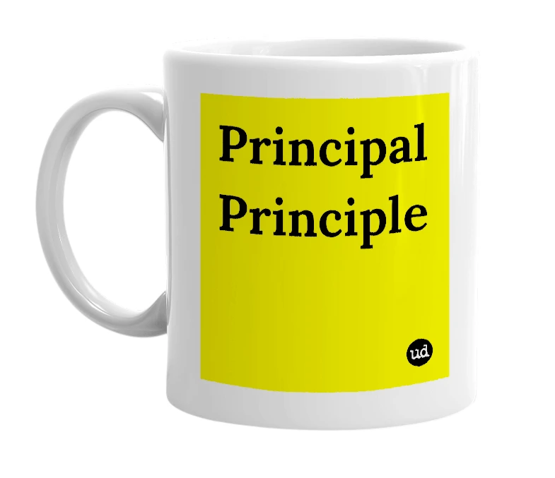 White mug with 'Principal Principle' in bold black letters