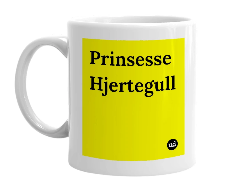 White mug with 'Prinsesse Hjertegull' in bold black letters